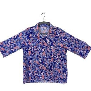 80s Floral Shirt Button Up Top Vintage 80s Blue Pink Farm Chic 3/4 Sleeve Large